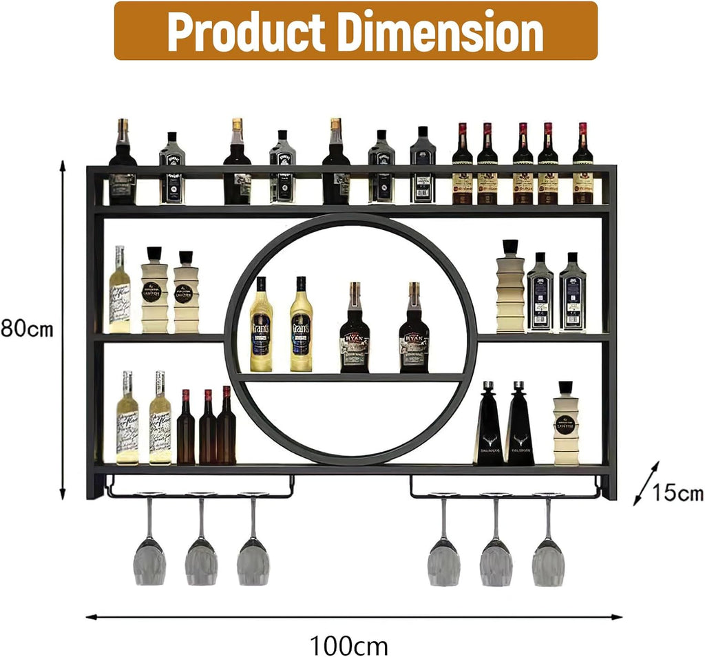 Metal Wine Rack Wall Mounted with LED Light, Modern 3-Tier Glass Holder and Stemware Shelves for Kitchen, Bar, Dining Room (Black, 100cm/39.4in)