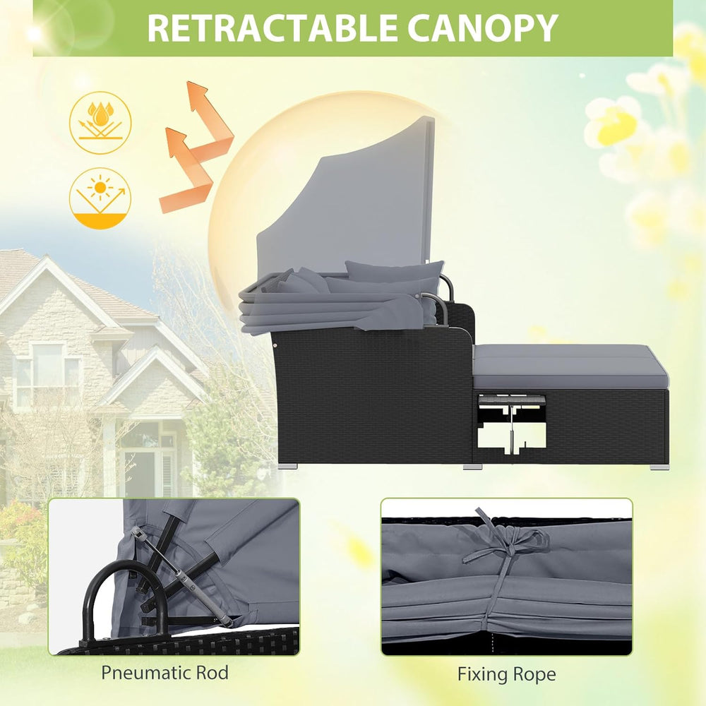 DREAMADE Outdoor Daybed with Canopy, 2 Person Rattan Sunbed with Cushions, 4 ...