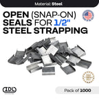 IDL Packaging Open (Snap-On) Seals for 1/2" Strap Width Steel Strapping (Pack of 1000) - Superior Holding Power - Sturdy Metal Clips for Securing Heavy Packaging and Pallet Banding