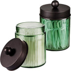Amolliar Sage Green Qtip Holder, Glass ApothecaryJar Metal Lid & Stickers, Bathroom Qtip Holder Storage Canister, Farmhouse Decor for Cotton Balls, Swabs, Makeup Pads, Bath Salt, Floss, Bronze 2 Pack