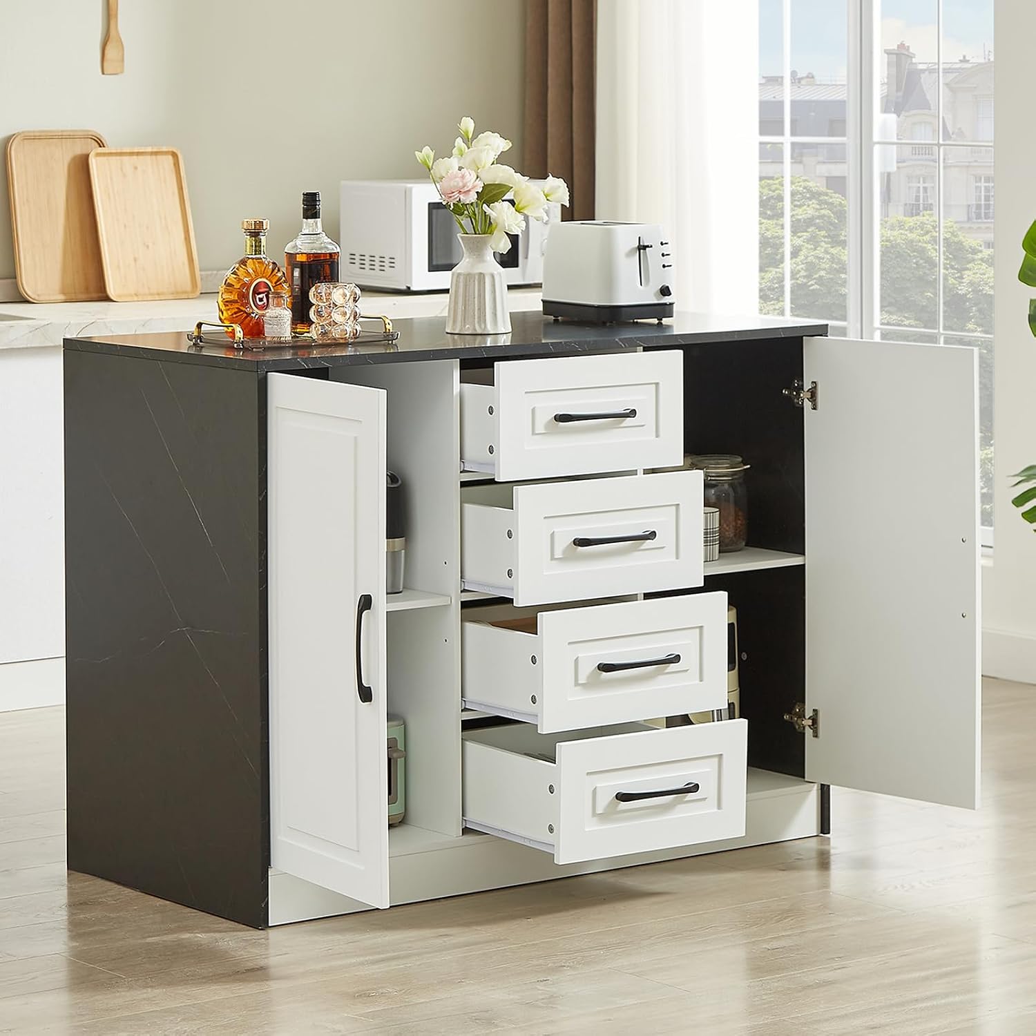 47" Kitchen Island with Power Outlet & Imitation Marble, Black | Dining Table with 2 Storage Cabinets & 4 Drawers, Adjustable Shelves, Home Bar for Kitchen, Dining Room, Living Room
