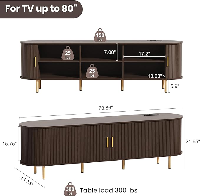 DHH 70.8 Inch Mid Century Modern TV Stand with Power Outlet for TVs up to 80 Inch, Entertainment Center with Storage and Adjustable Shelves, Media Console with Sliding Doors for Living Room(Brown)