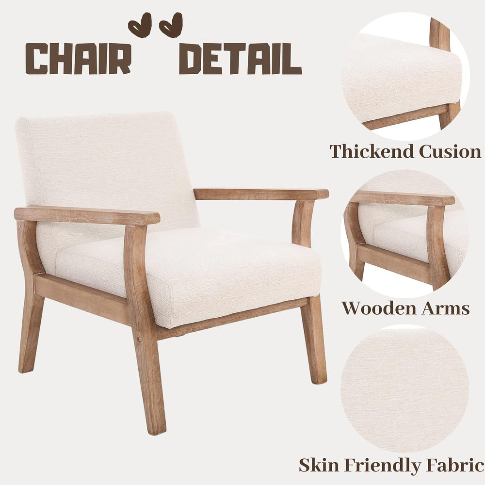 Mid Century Modern Accent Chair Set of 2 Beige Linen Armchair