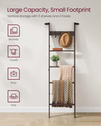 VASAGLE CUSTOS Collection - Blanket Ladder Shelf, 5-Tier Ladder Rack for Storage and Decor with 4 Removable Hooks, Decorative Farmhouse for the Living Room, Maroon Brown ULLS028K01