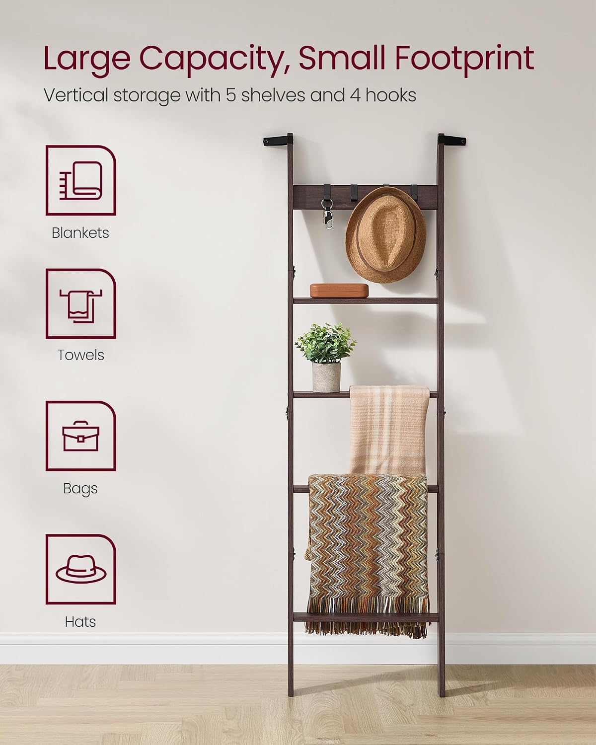 VASAGLE CUSTOS Collection - Blanket Ladder Shelf, 5-Tier Ladder Rack for Storage and Decor with 4 Removable Hooks, Decorative Farmhouse for the Living Room, Maroon Brown ULLS028K01