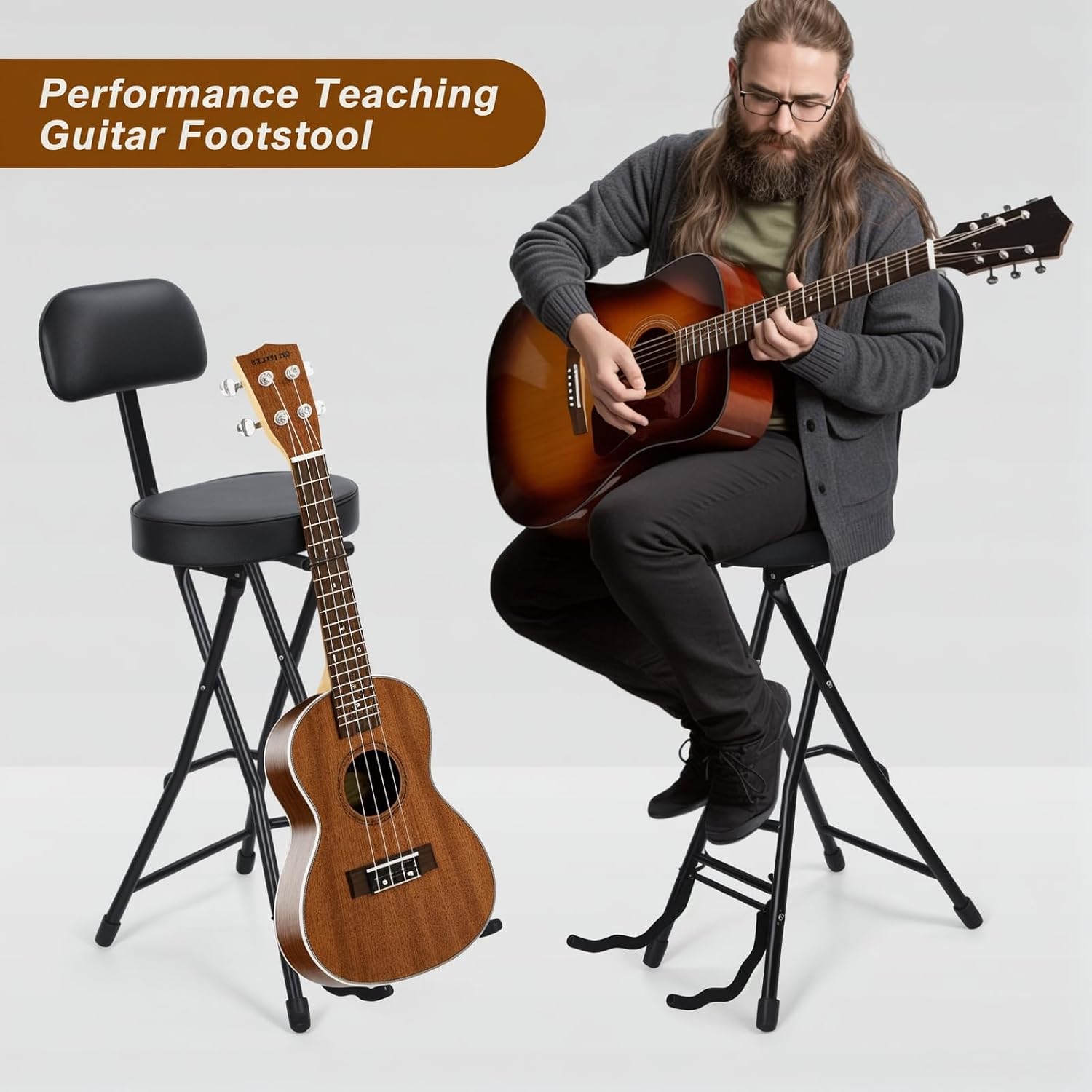 Folding Guitar Stool Chair with Padded Seat, Ergonomic Backrest & Built-in Stand - Heavy Duty Portable Seat for Acoustic, Electric, Bass Guitar Practice & Performance Black