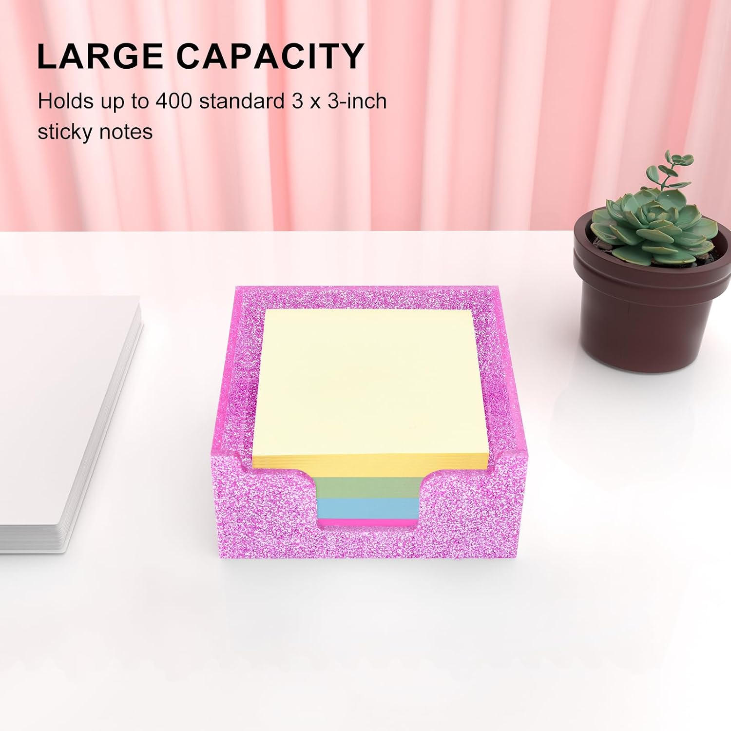 Rouidr Acrylic Sticky Note Holder, Self Stick Note Pad Holder, 3.94 x 3.94 Inch Glitter Memo Pad Dispenser Organizer for School Office Home Desk Supplies, Pink