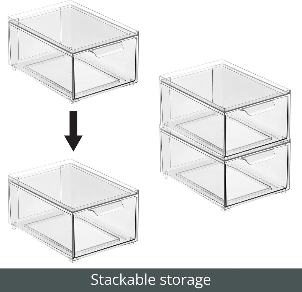 mDesign Plastic Bathroom Organizer Bin w/Pull Out Drawer - Slim Stackable Storage Container for Bathroom Accessories - Perfect for Organizing Bathroom Cabinet - Lumiere Collection - 4 Pack - Clear