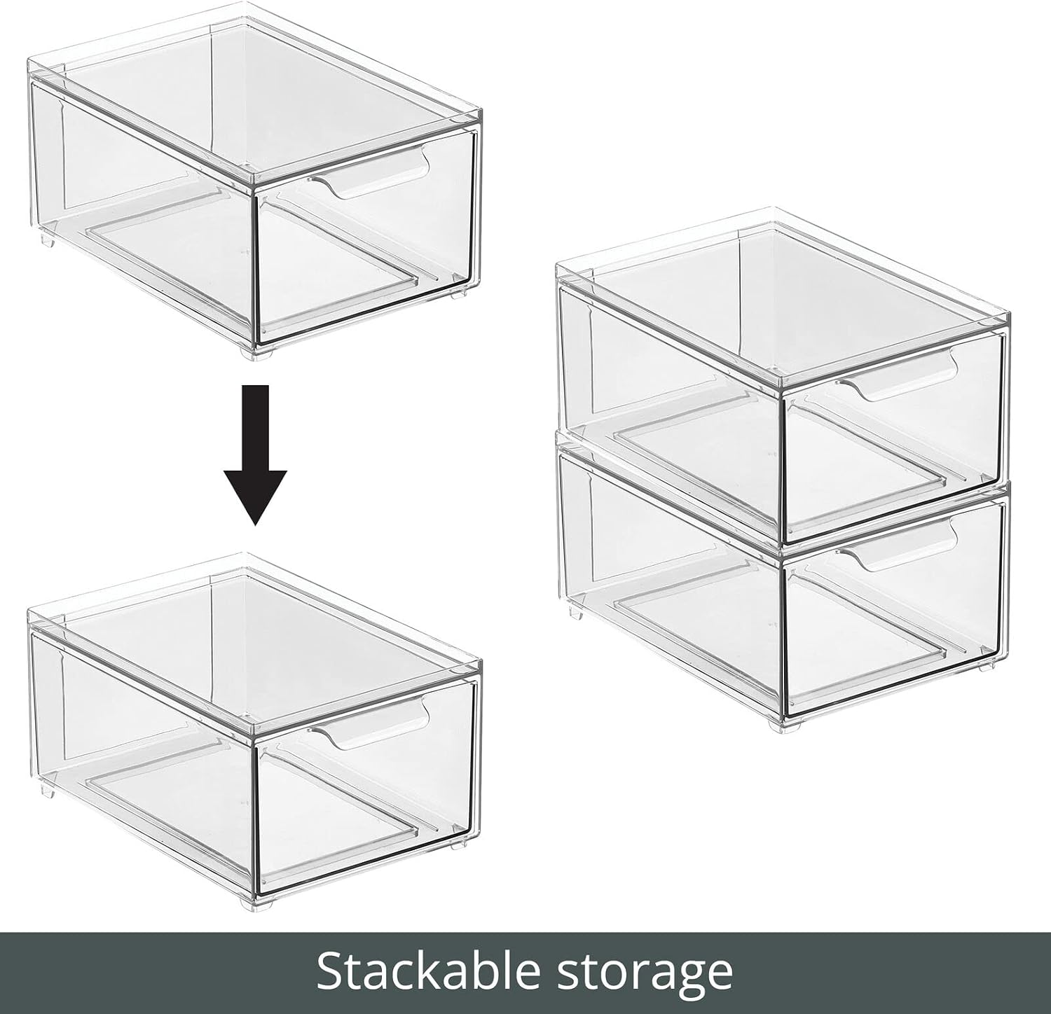 mDesign Plastic Bathroom Organizer Bin w/Pull Out Drawer - Slim Stackable Storage Container for Bathroom Accessories - Perfect for Organizing Bathroom Cabinet - Lumiere Collection - 4 Pack - Clear