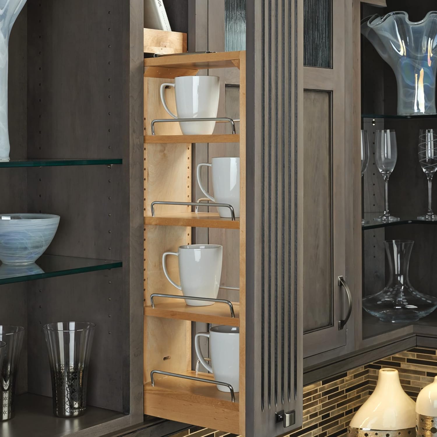 Rev-A-Shelf 3" W x 39" H Pull Out Quad Shelf Organizer for Wall & Base Kitchen Cabinets, Full Extension Filler Spice Rack, Adjustable, Wood, 432-WF39-3C