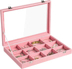 Frebeauty Velvet Jewelry Tray,12 Grid Jewelry Organizer with Clear Lid,Bracelets Holder,Jewelry Display Case with Clasp,Drawer Insert Bangle Brooch,13.8 x 9.5 x 2 Inches,Gift for Women Girls(Pink)