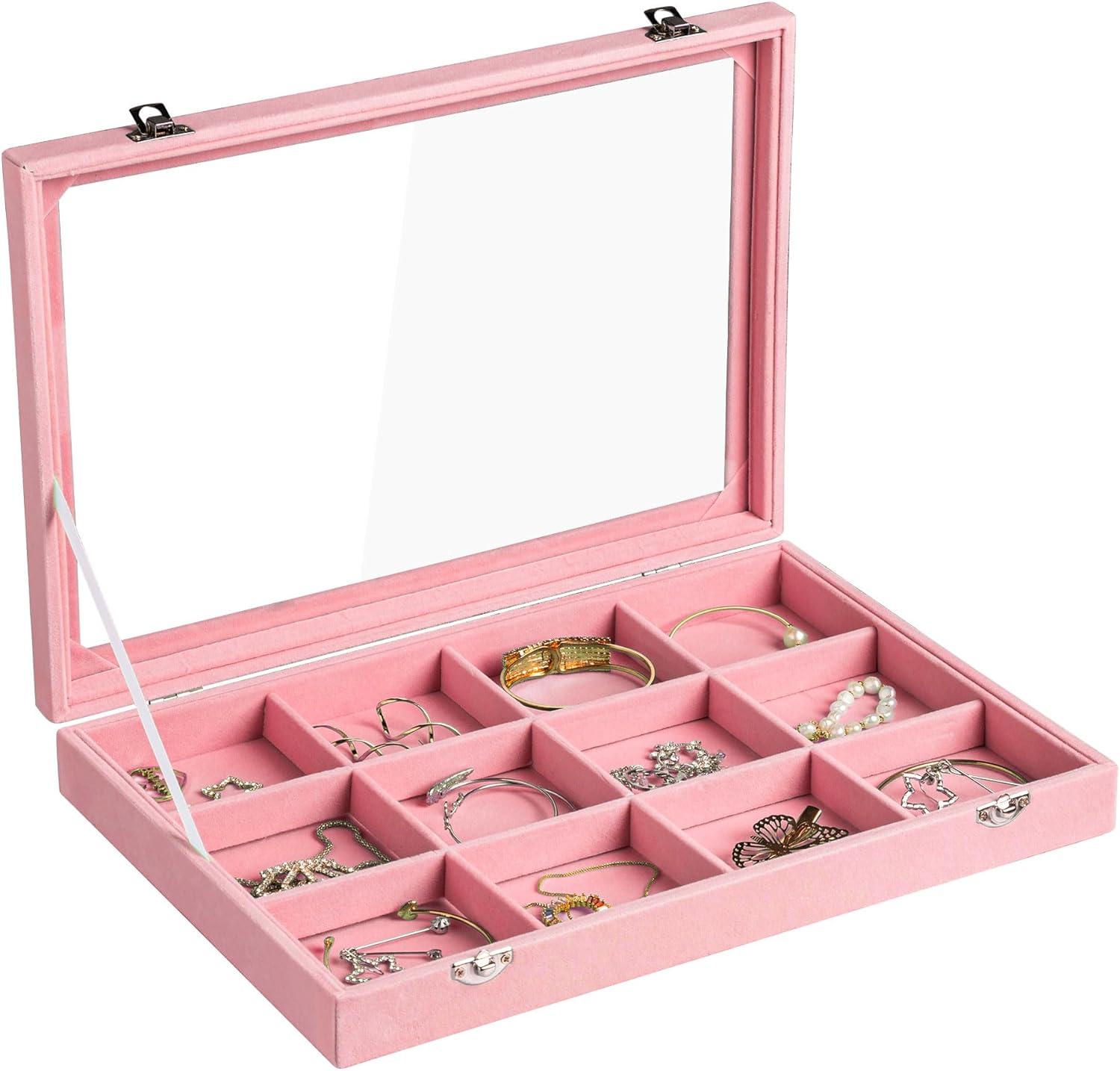 Frebeauty Velvet Jewelry Tray,12 Grid Jewelry Organizer with Clear Lid,Bracelets Holder,Jewelry Display Case with Clasp,Drawer Insert Bangle Brooch,13.8 x 9.5 x 2 Inches,Gift for Women Girls(Pink)
