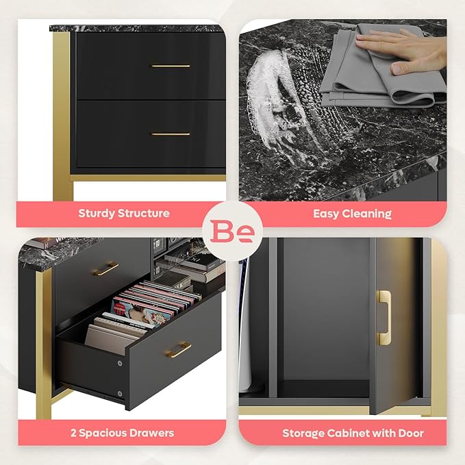 Bestier TV Stand for 75/80/85/90 Inch TVs, LED Gaming Entertainment Center, Modern TV Cabinet with Glass Shelves for Living Room, 2 Storage Drawers & Cabinets for Bedroom, Black Glossy