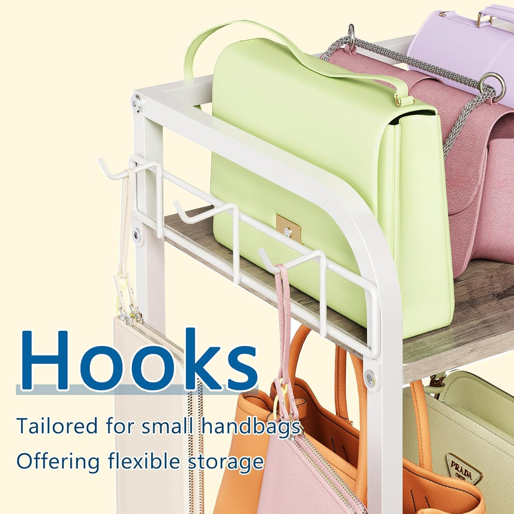 White Purse Organizer, 3-Tier Floor Standing Bag Rack Stand Featuring Side Hooks and Baskets, Adjustable Feets, High Capacity Metal & Wood Handbag Holder Design for Closet Storage, Patent Pending