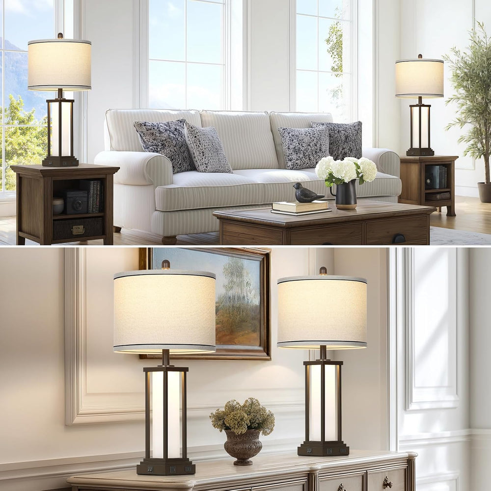 27in Tall Farmhouse Table Lamp Set of 2 with USB C+A & Outlet,Brown Indus...
