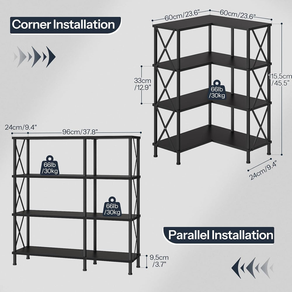 HOOBRO Corner Bookshelf, 4-Tier L-Shaped Bookcase, Industrial Open Display Sh...