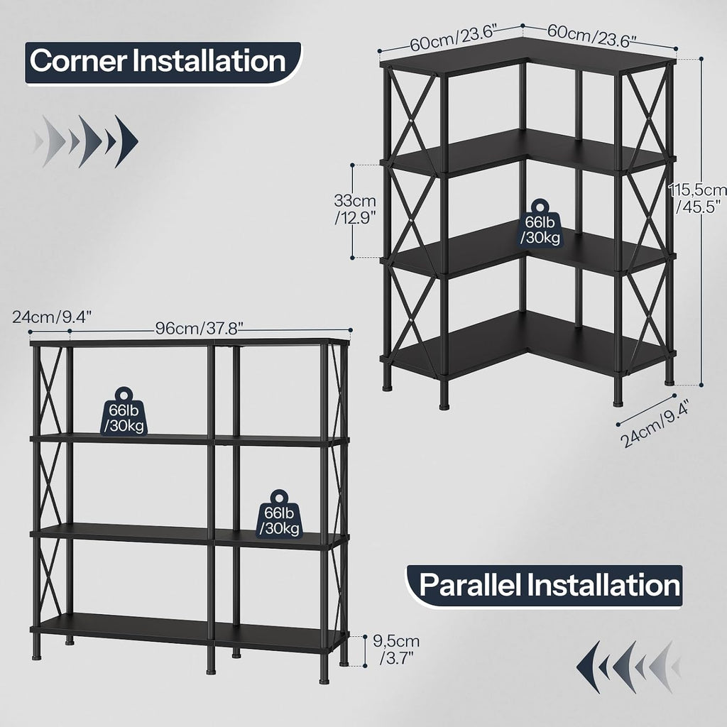 HOOBRO Corner Bookshelf, 4-Tier L-Shaped Bookcase, Industrial Open Display Shelf Tall Storage Organizer, Vertical Storage Rack, for Living Room, Home Office, Black BB59SJ01