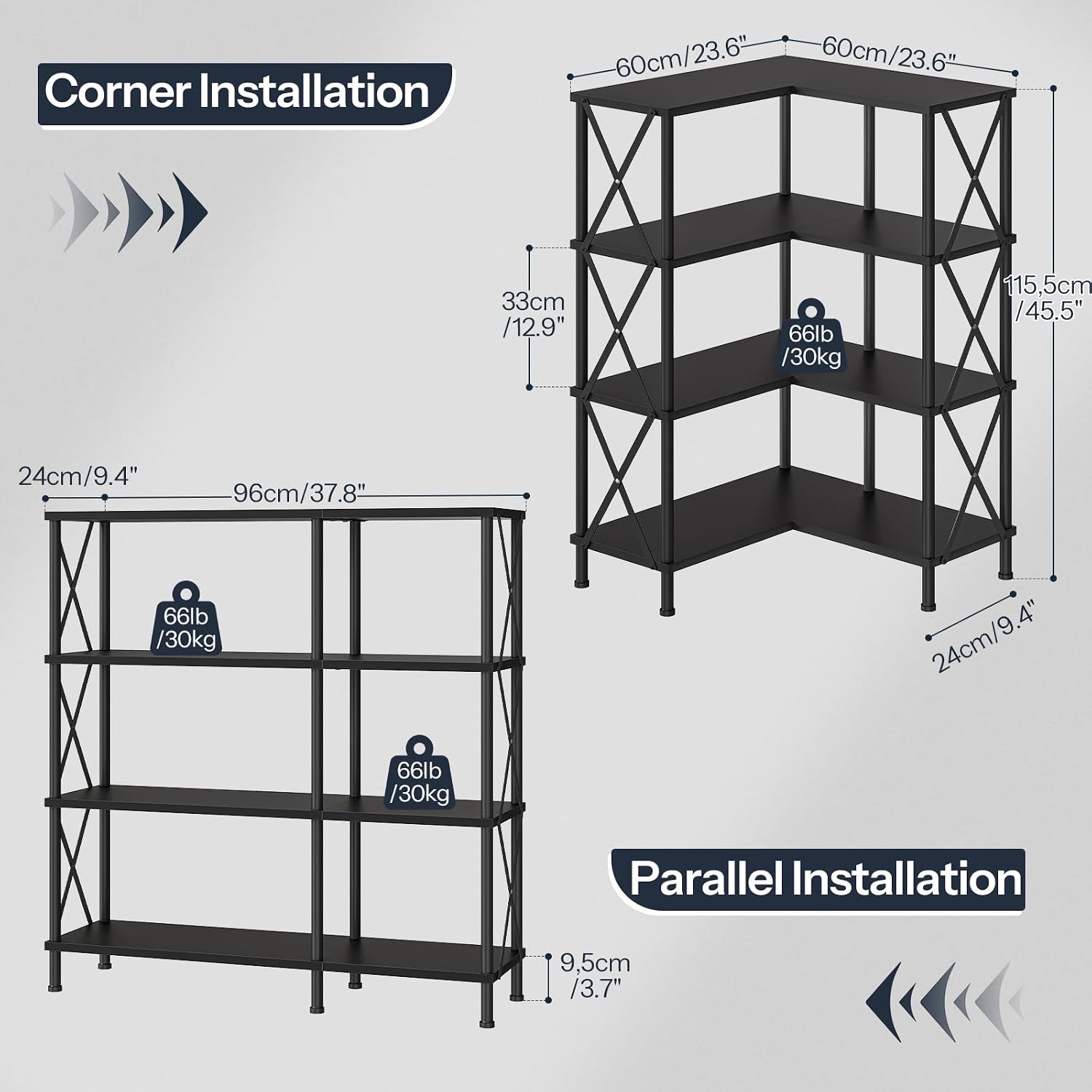 HOOBRO Corner Bookshelf, 4-Tier L-Shaped Bookcase, Industrial Open Display Shelf Tall Storage Organizer, Vertical Storage Rack, for Living Room, Home Office, Black BB59SJ01