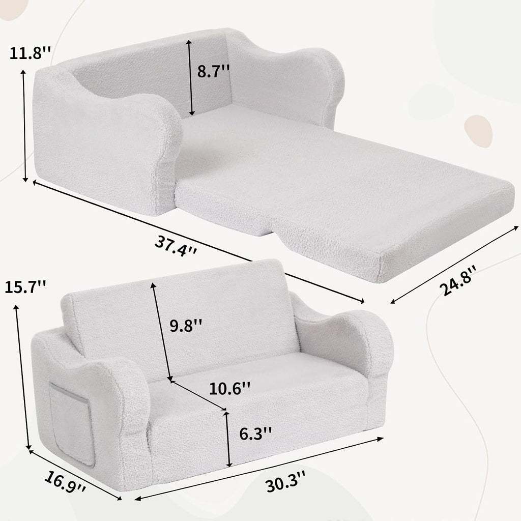 Extra Wide Toddler Couch, Foldable Kids Sofa to Lounger, Grey | Toddler Chair Fold Out, Reading & Playing, Living Room Playroom, Boys & Girls, Lightweight, Removable Washable Cover