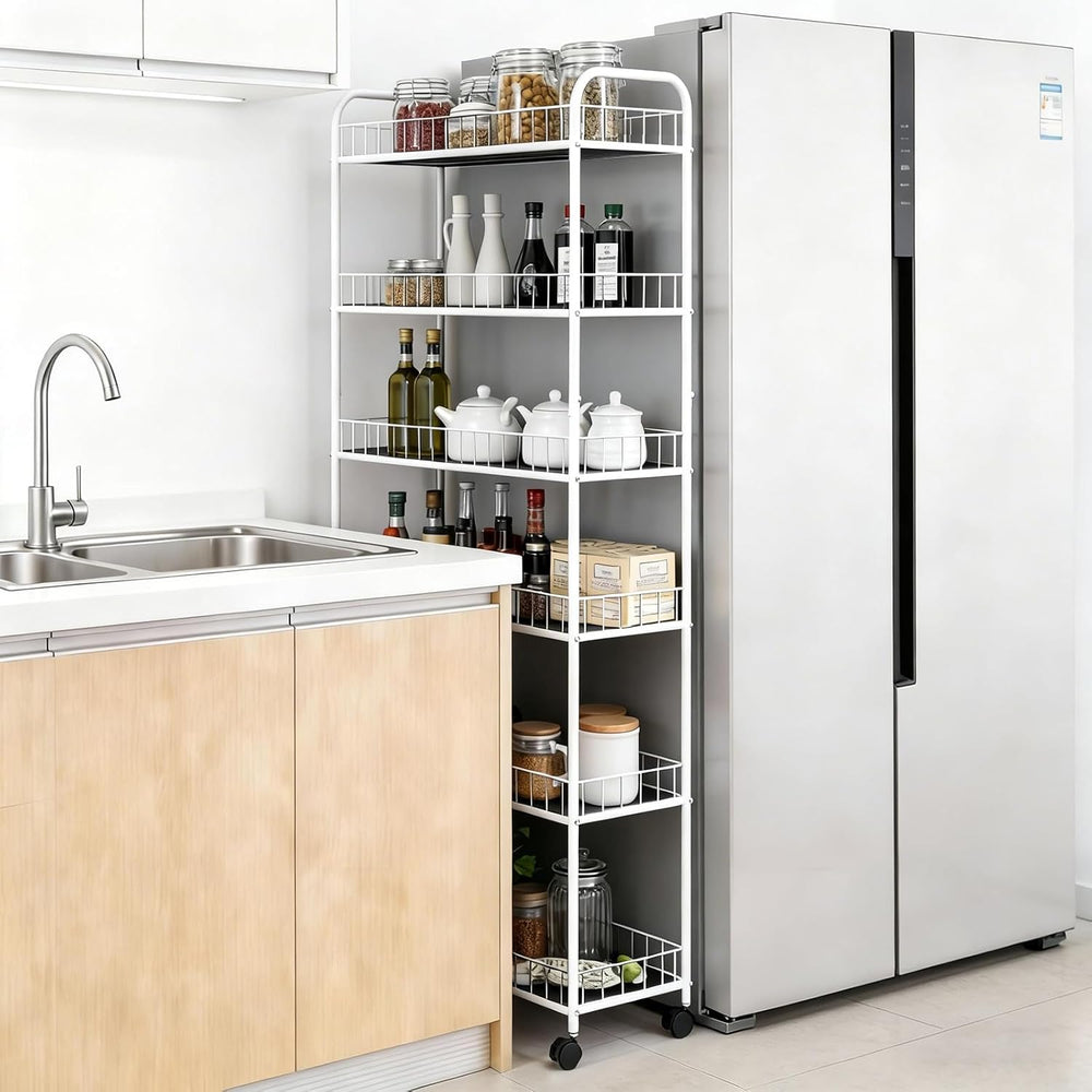10in 6 Tier Slim Storage Cart with Wheels,White Narrow Space Rolling Shelving...