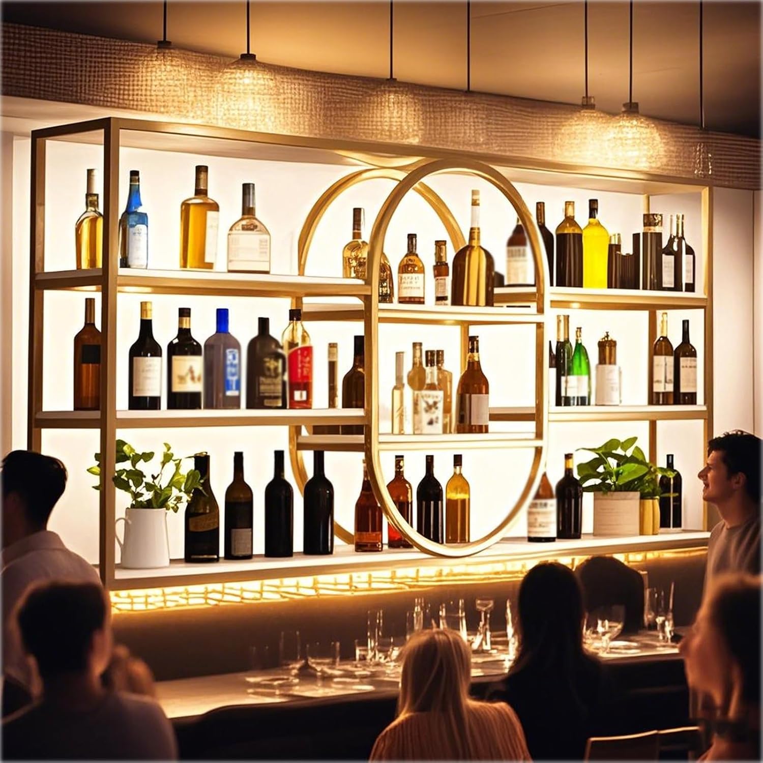 Large Wall Mount Wine Rack, Metal 4 Tier Large Capacity Hanging Bar Rack with Wine Glass Holder, Oval Wine Bottle Storage Display Rack for Kitchen, Living Room, Home (Gold, 47.2in)