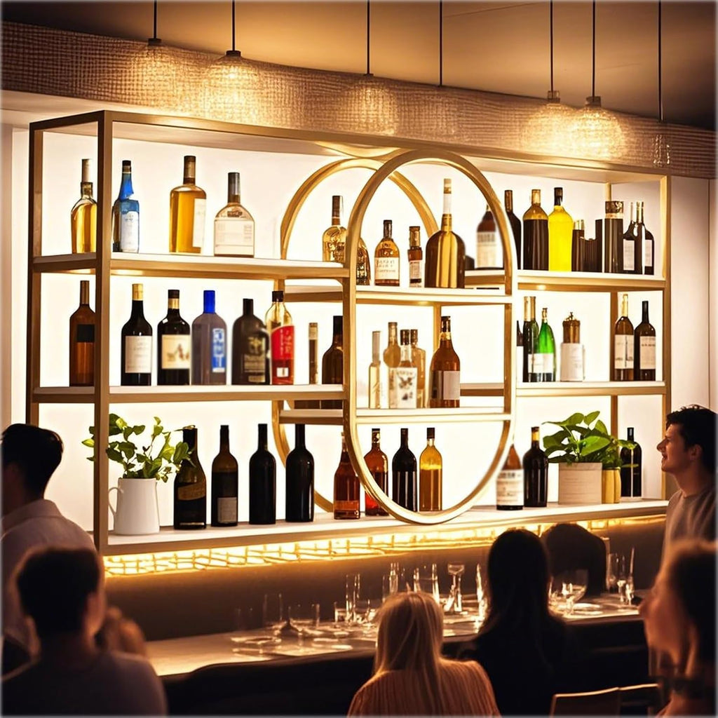 Large Wall Mount Wine Rack, Metal 4 Tier Large Capacity Hanging Bar Rack with Wine Glass Holder, Oval Wine Bottle Storage Display Rack for Kitchen, Living Room, Home (Gold, 120cm/47.2in)