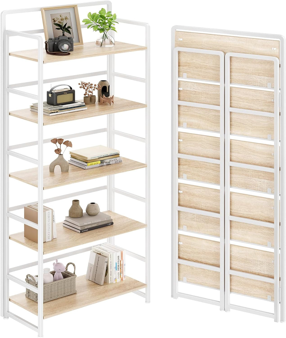 Folding Bookshelf 5 Tiers,No Assembly,Vintage Wood Bookcase Storage,Beige