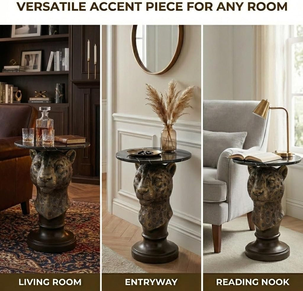Leopard Head Accent Table with Faux Marble Top & Lifelike Texture, Animal...