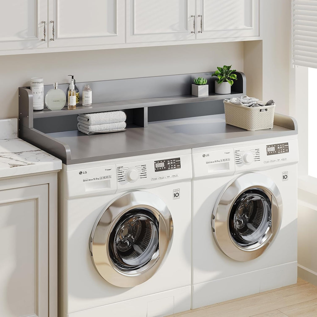 2-Tier Washer Dryer Countertop with 2.75" H Edge Rails, 58" W x 28" D Laundry Countertop for Folding Clothes, Washer and Dryer Topper with Non-Slip Pad (Gray)