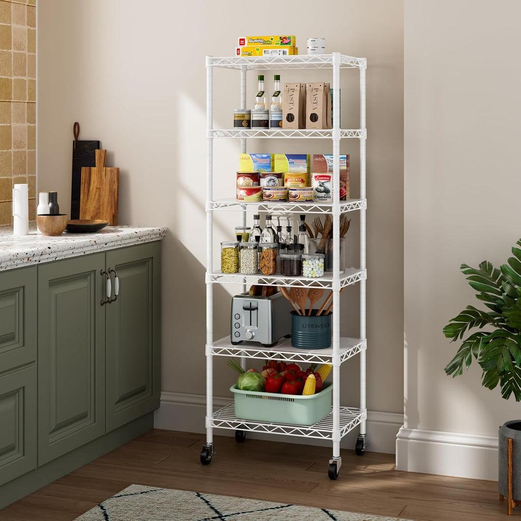 Small 6 Tier Shelf Storage Wire Shelving Unit Metal Shelves Adjustable Organizers Storage Shelving with Wheels for Bathroom Laundry Room Kitchen Pantry12”D x 18”W x 61.6”H White