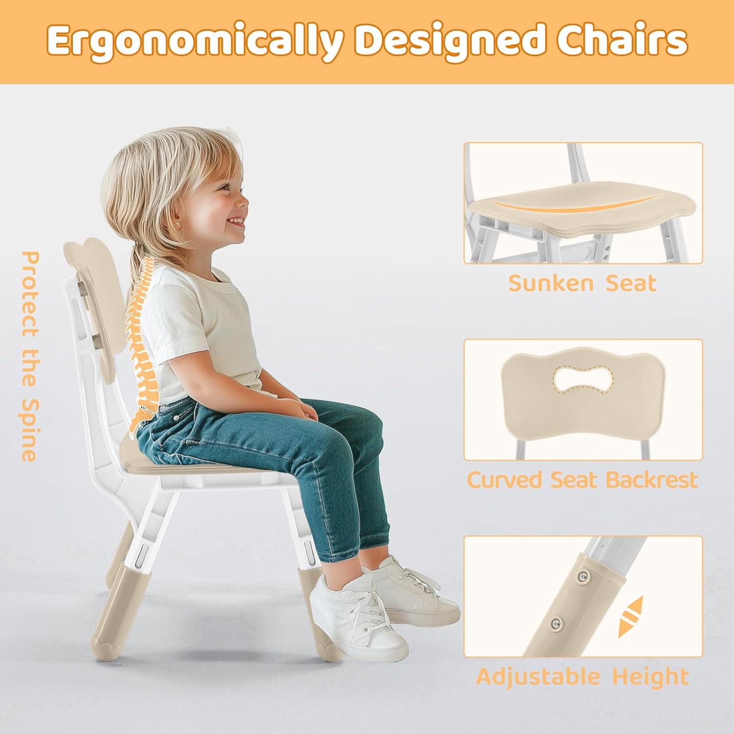 Height Adjustable Kids Table and Chairs Set (2 Chairs) for Ages 2-8 | Non-Slip Toddler Activity Table with Wipe-Clean Desktop, Montessori Learning & Art Drawing Desk for Home Preschool Classroom