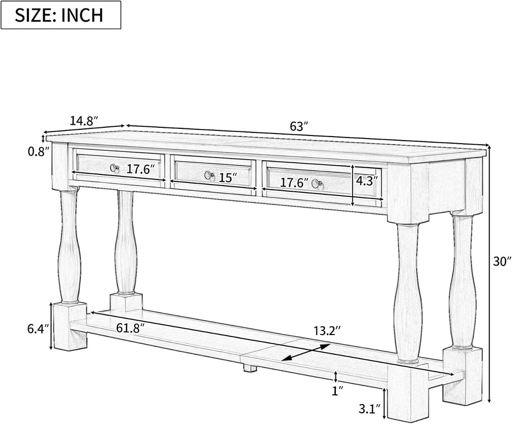 Knocbel Long Console Table with 3 Drawers & Bottom Open Shelf, Solid Wood...