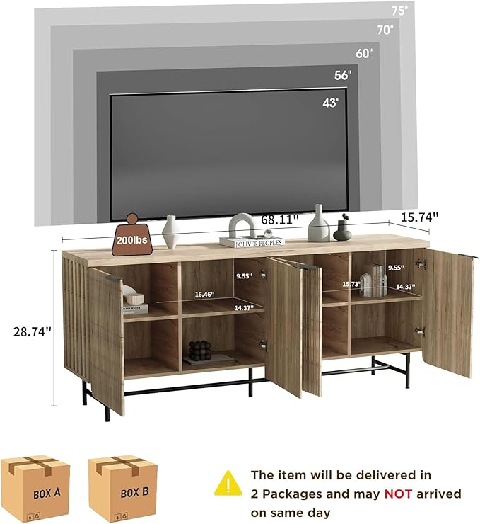 SAINTCY Mid Century Fluted TV Stand for 55/60/65/70/75 inch TV, 68" Oak ...