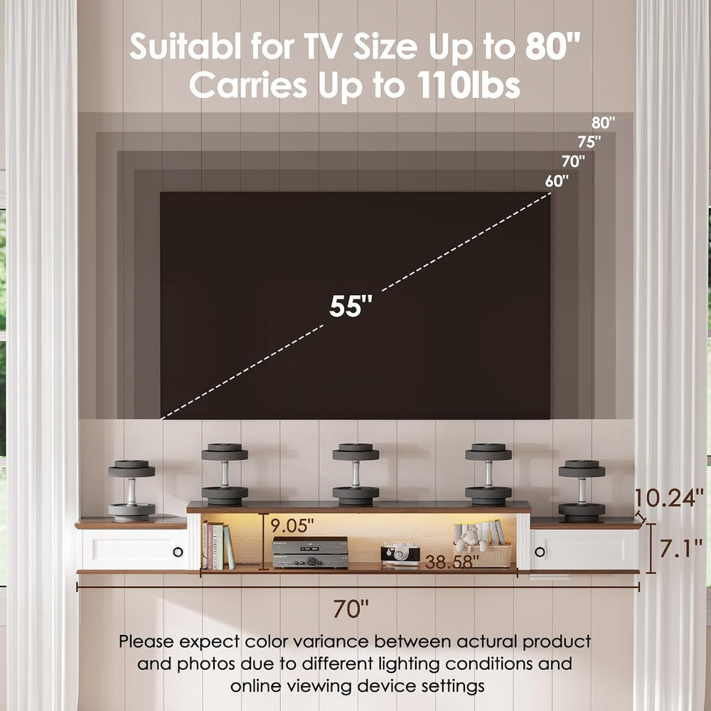 Farmhouse Floating TV Stand for 80" TVs, with LED Light & Outlet | 7...