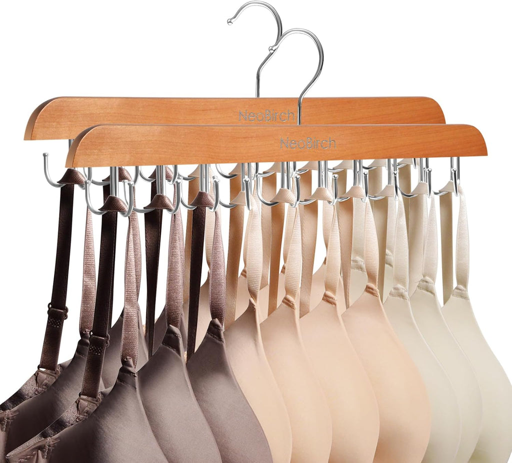 Bra Hanger for Closet Organizers and Storage | Space Saving Wooden Hanger | 20 Steel Hooks for Tank Tops, Camis, Hats, Lingeries, Belts, Ties, Scarfs Holder| 360° Rotating Non-Slip (1, 2 Pack Natural)