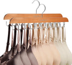 Bra Hanger for Closet Organizers and Storage | Space Saving Wooden Hanger | 20 Steel Hooks for Tank Tops, Camis, Hats, Lingeries, Belts, Ties, Scarfs Holder| 360° Rotating Non-Slip (1, 2 Pack Natural)
