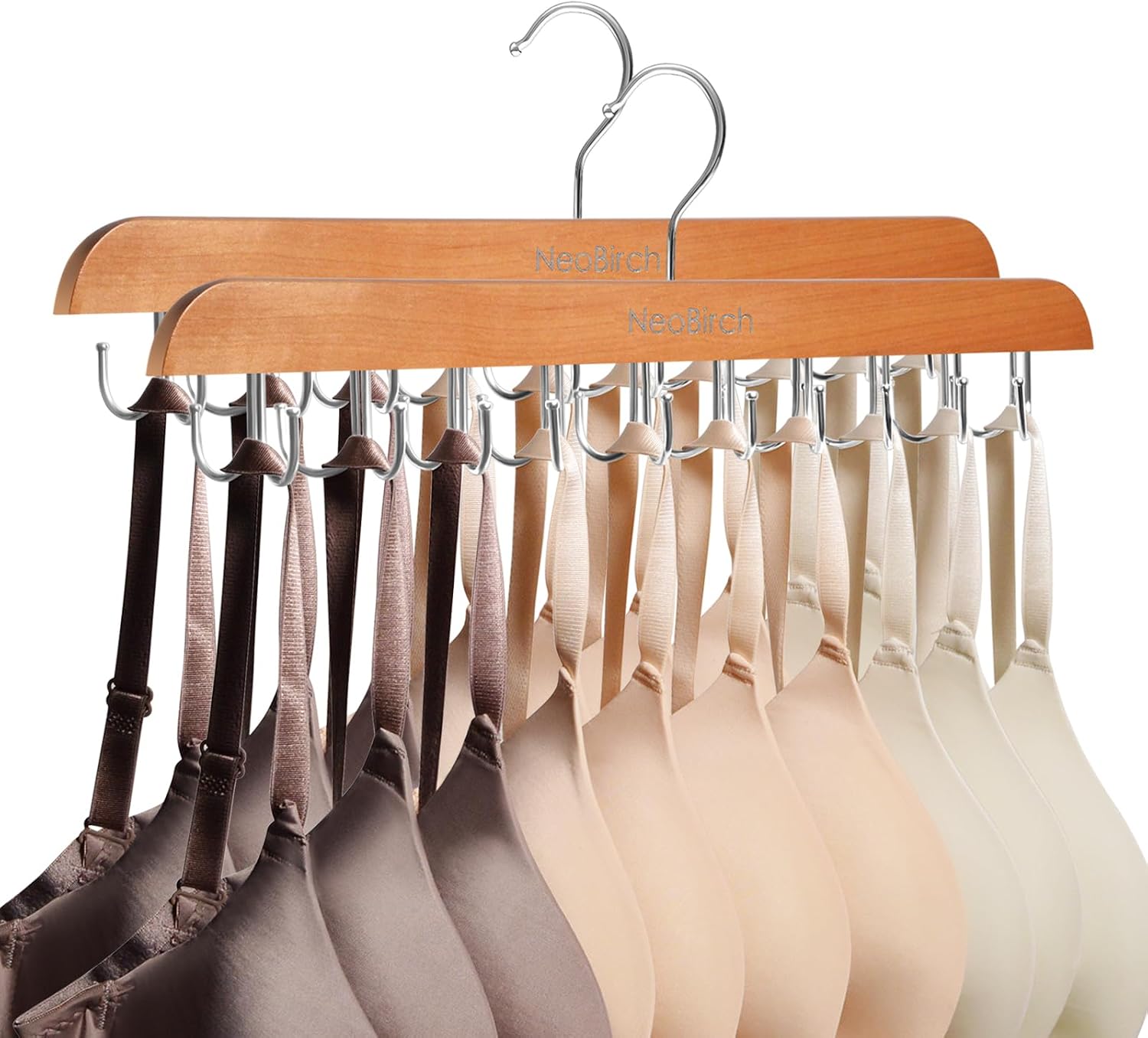 Bra Hanger for Closet Organizers and Storage | Space Saving Wooden Hanger | 20 Steel Hooks for Tank Tops, Camis, Hats, Lingeries, Belts, Ties, Scarfs Holder| 360° Rotating Non-Slip (1, 2 Pack Natural)