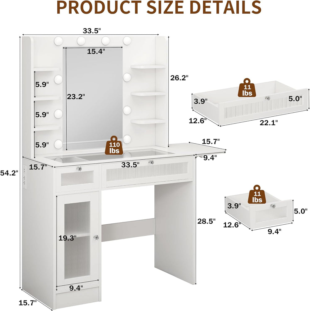 Vipbear White Vanity Desk Small Makeup Vanity Table with Mirror&Lights | ...