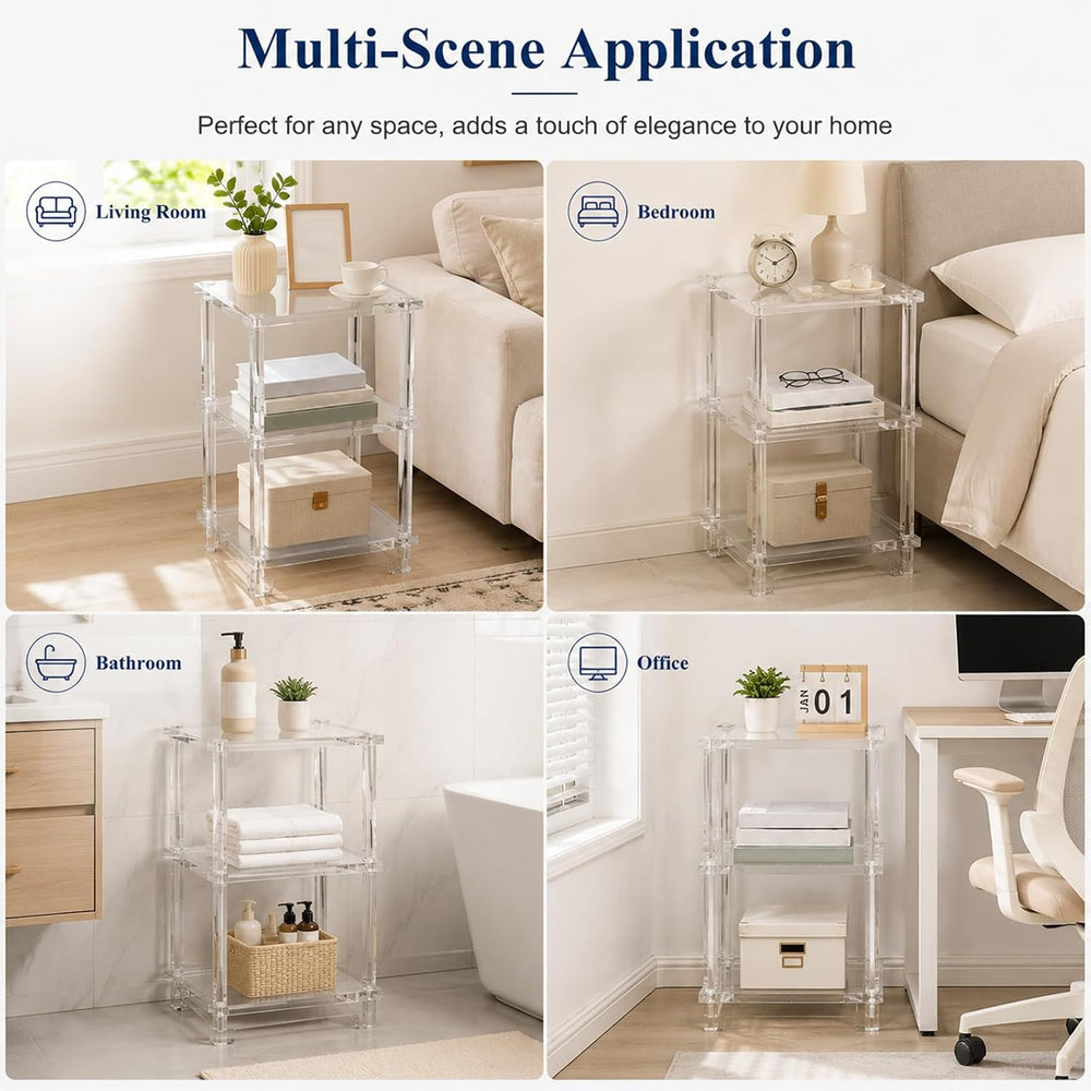 Thick Acrylic Side Shelf Table, 3-Tier Narrow Clear Acrylic End Table Nightst...