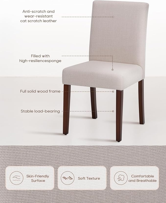 Upholstered Dining Chairs Set of 2 - Line Fabric Modern Farmhouse Kitchen Chairs,Mid-Back Dining Room Chairs with Wooden Legs