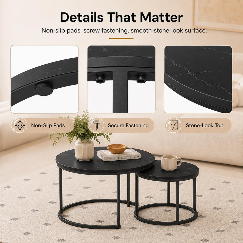 Nesting Coffee Table Set of 2，Black + Black | 27.6'' Industrial Coffe...