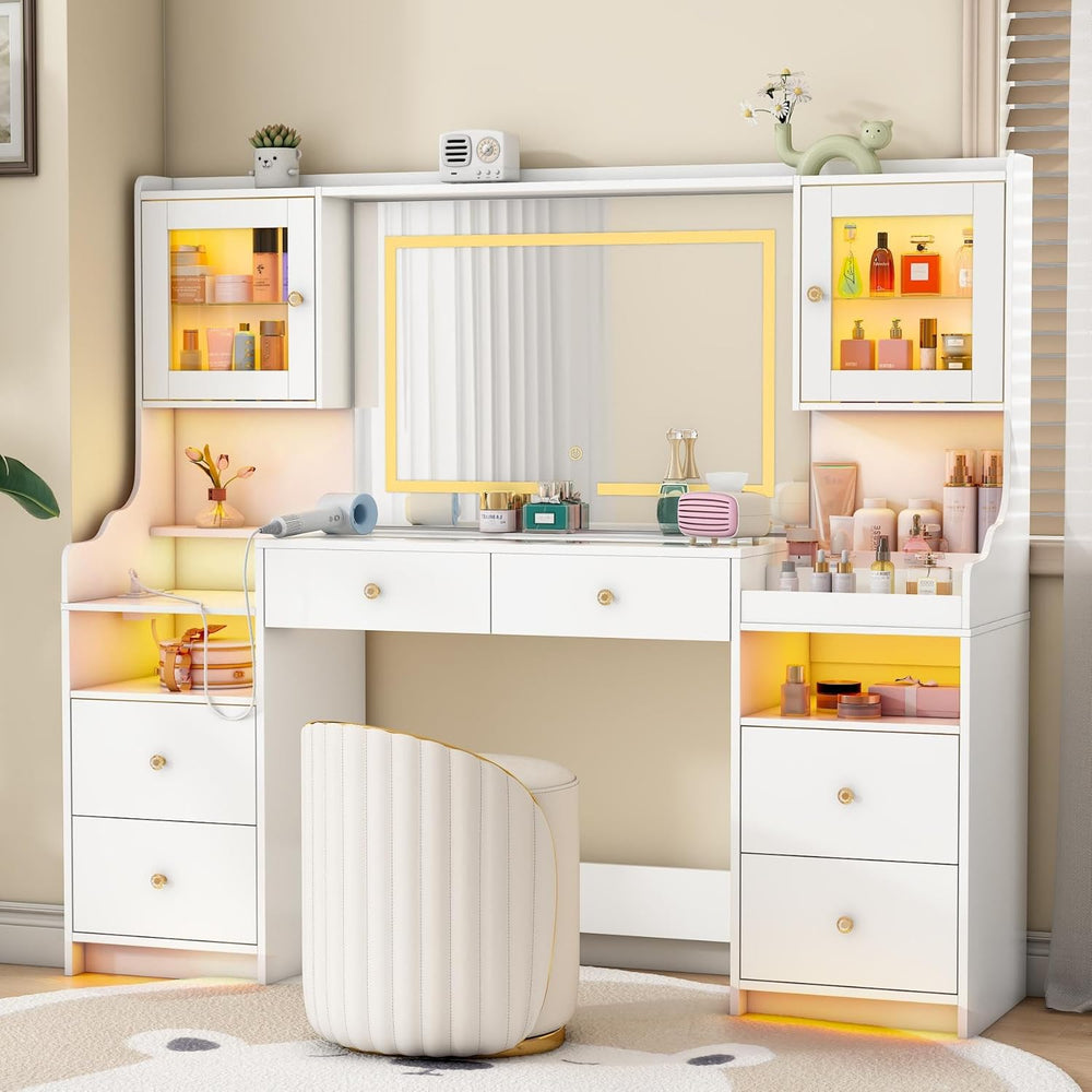 wanan 62" Large White Vanity Desk with Glass Top, Makeup Vanity with Mir...