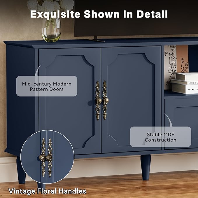 67” Mid-Century Modern TV Stand for 75+ inch TVs, Wood Entertainment Center with Storage Drawer, Long Media Console with Adjustable Shelves, Blue TV Cabinet for Living Room, Bedroom