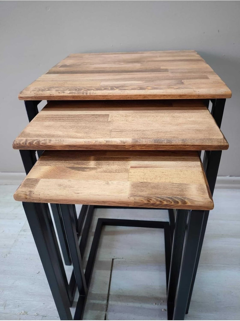 Set of 3 Nesting Side Tables with Metal Legs, Solid Wood Top in Light Walnut ...