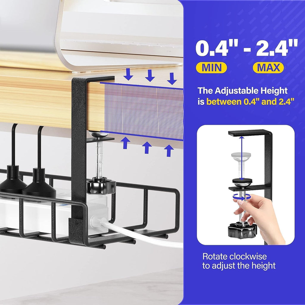 Under Desk Cable Management Tray 2 Pack, Xpatee Wire Management No Screws, Cable Tray with Clamp for Wire Management, Computer Code Rack for Office, Home - No Damage to Desk Black