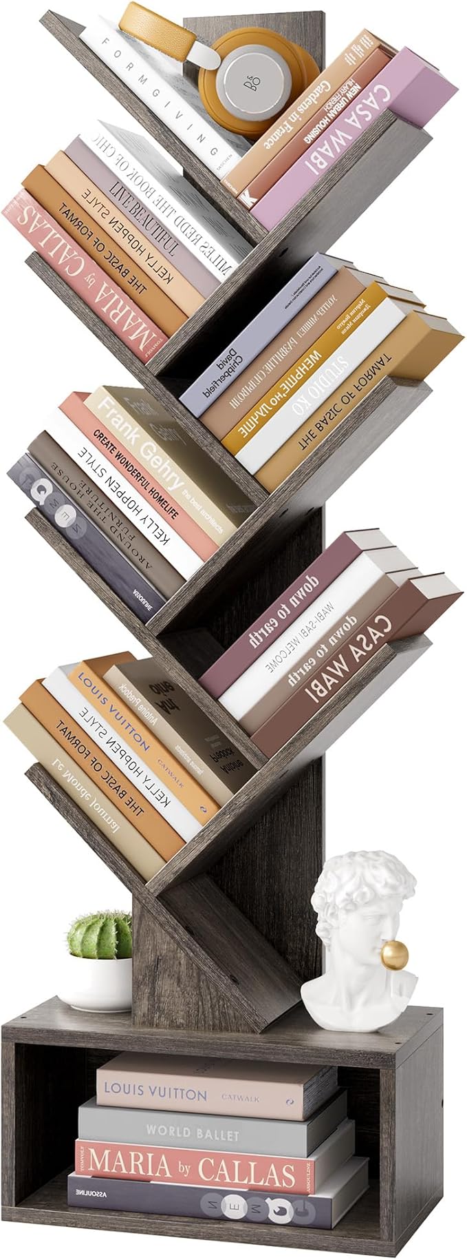 Hoctieon 6 Tier Tree Bookshelf, Tall Bookcase with Drawer, Freestanding Book Shelf, Display Floor Standing Storage Shelf, Book Organizer Shelves for Home Office, Living Room, Bedroom, Grey