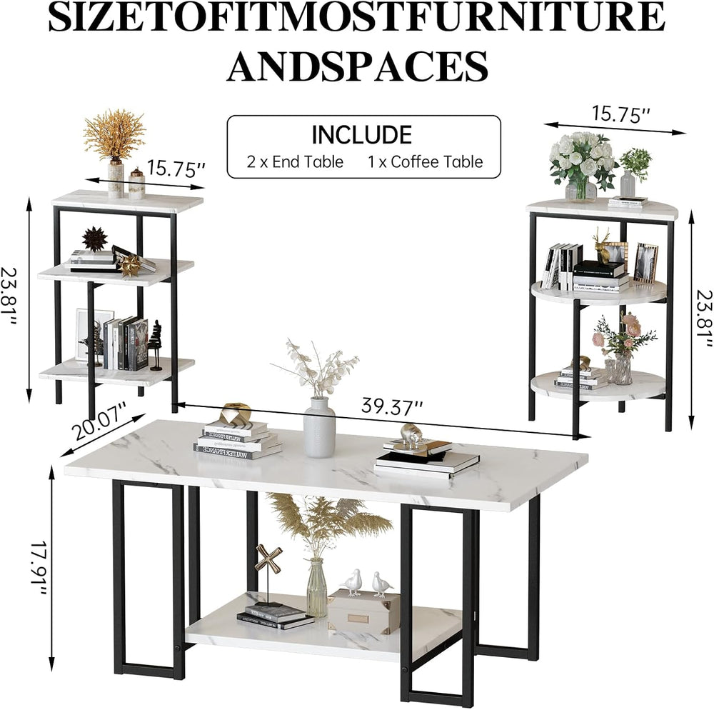 AWQM Coffee Table Set, Faux Marble Table & 2 Side Table, White & Blac...