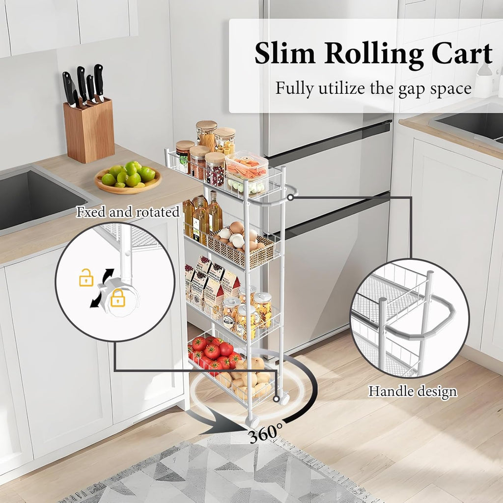Utility Slim Storage Cart, 4-Tier Storage Cart, Narrow Cart with Handle, 7.1 Inches Deep, Metal Frame, for Kitchen, Dining Room, Living Room, Home Office, Rustic Brown and Classic (4 Tier White)