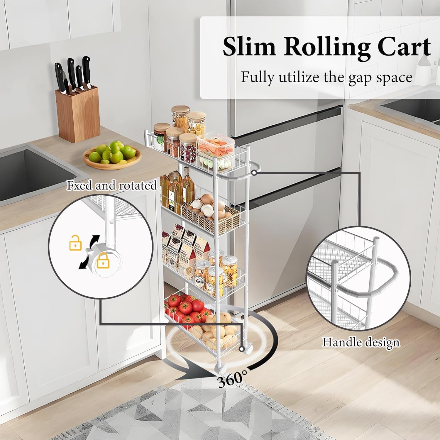 Utility Slim Storage Cart, 4-Tier Storage Cart, Narrow Cart with Handle, 7.1 Inches Deep, Metal Frame, for Kitchen, Dining Room, Living Room, Home Office, Rustic Brown and Classic (4 Tier White)