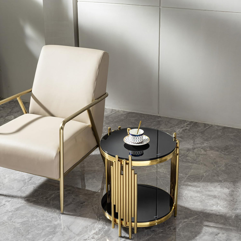 Set of 2 Modern Luxury 2-Tier Round End Tables, Black Tempered Glass Tops, Go...